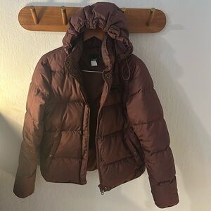 J Crew maroon down jacket, size small, slight makeup marks on inner collar
